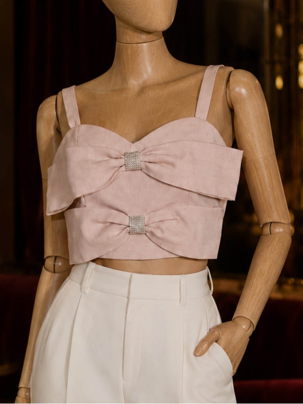 NWOT Sugarlips Lina Bow Crop Top Blush Pink Rhinestone Size XL Smocked Coquette